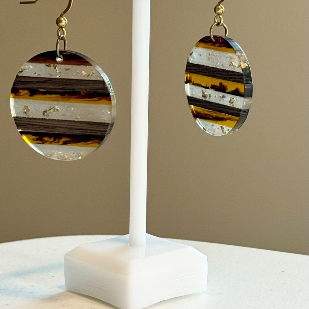 New Handmade Retro Walnut Gold Leaf Resin Boho Circle Earrings